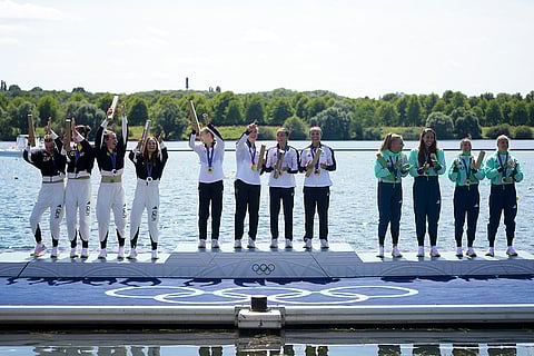 Paris Olympics women's kayak four 500-meter: Silver medalists Germany, gold medalists New Zealand and bronze medalists Hungary